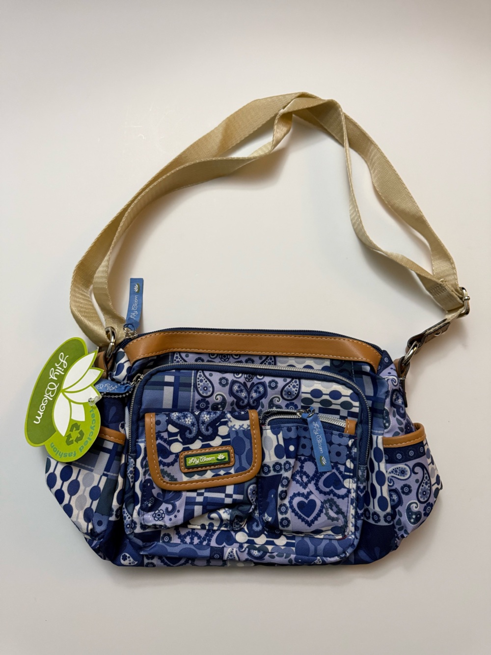 Lily Bloom Blue Patchwork Print Crossbody with Tan Trim
